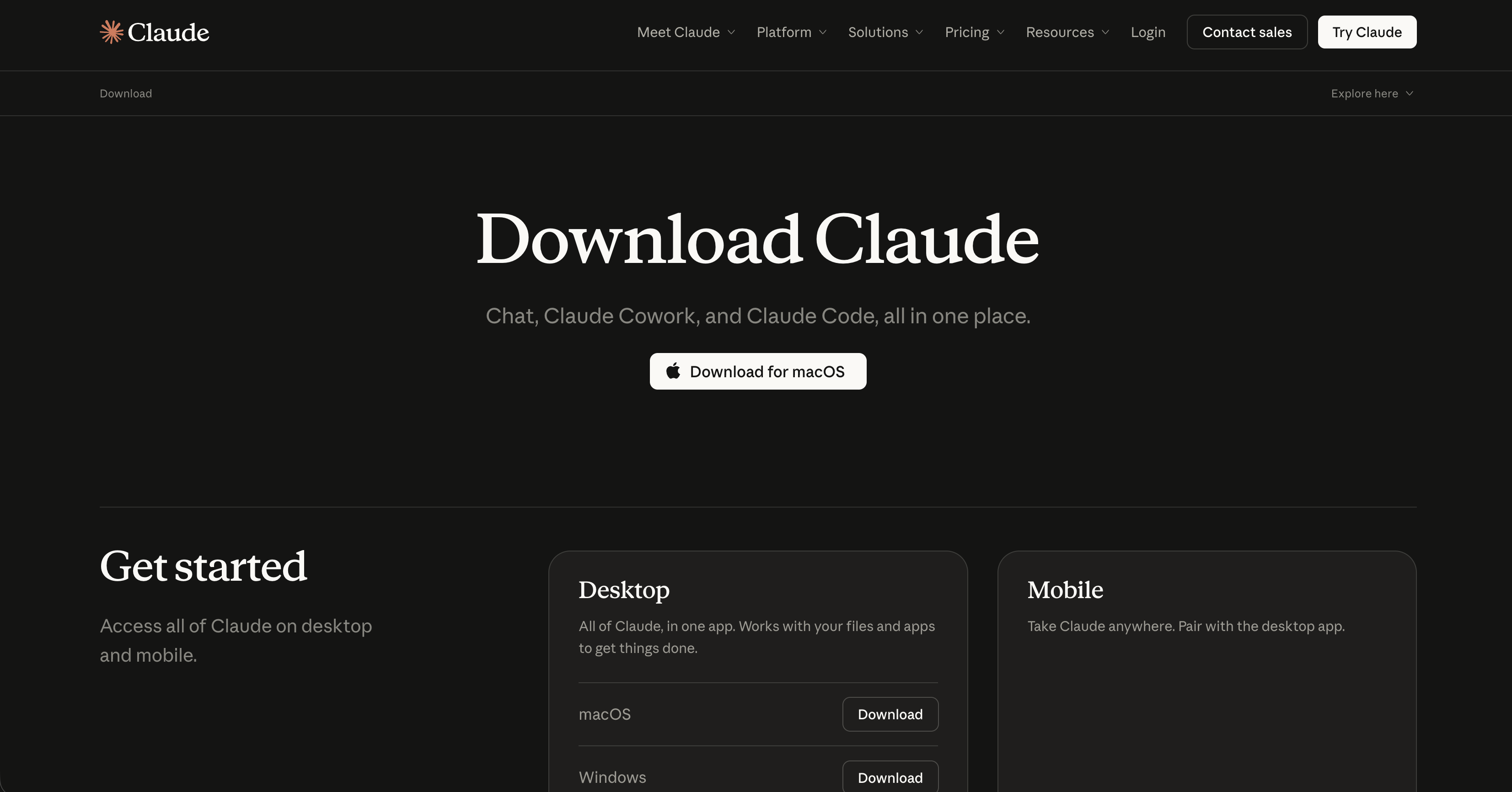 Claudeダウンロードページ：macOSとWindows版のダウンロードボタン