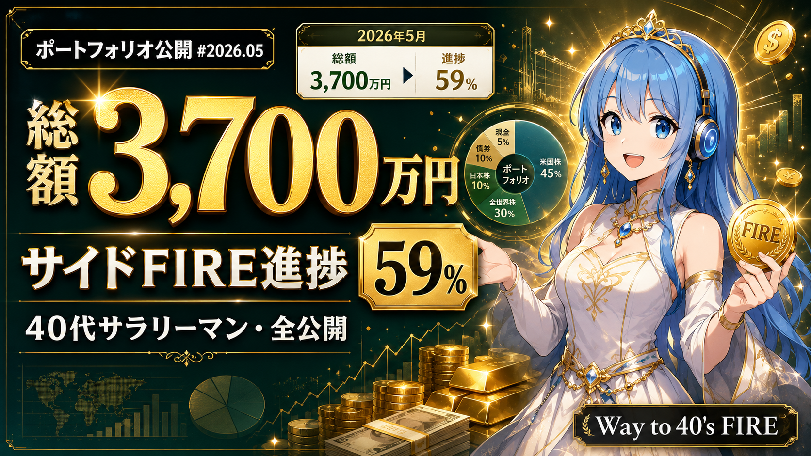 【2026年5月】40代サラリーマンのポートフォリオ全公開｜総額3,694万円・サイドFIRE進捗59%