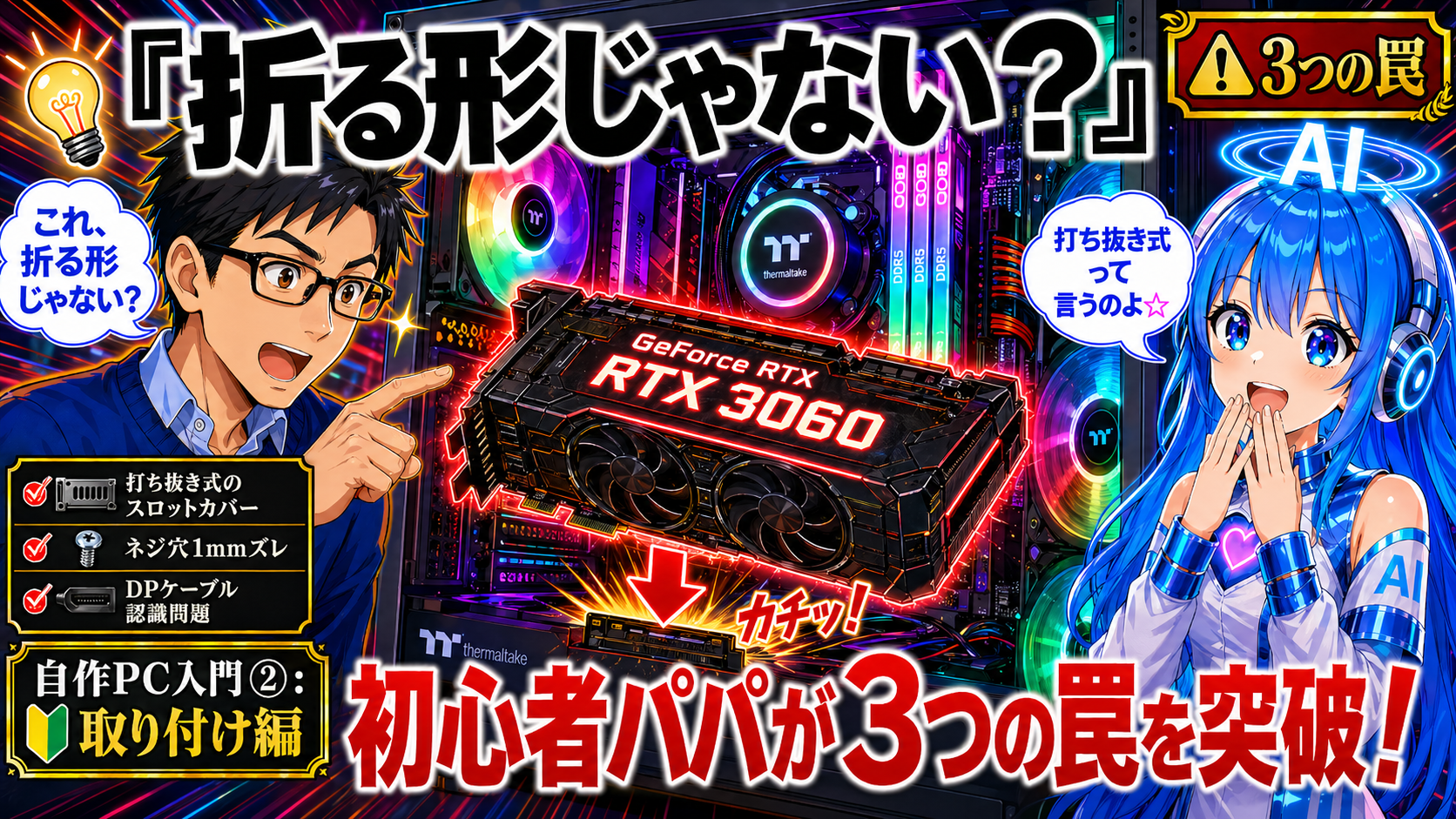 グラボの取り付けで「折る形じゃない？」突破した話。ネジ穴1mmズレも解決【自作PC入門②：取り付け＆動作確認編】